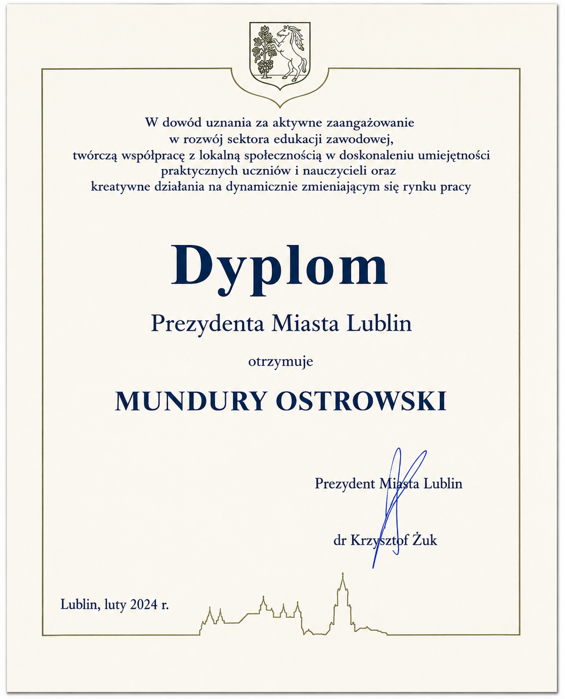 Dyplom od Prezydenta Miasta Lublin